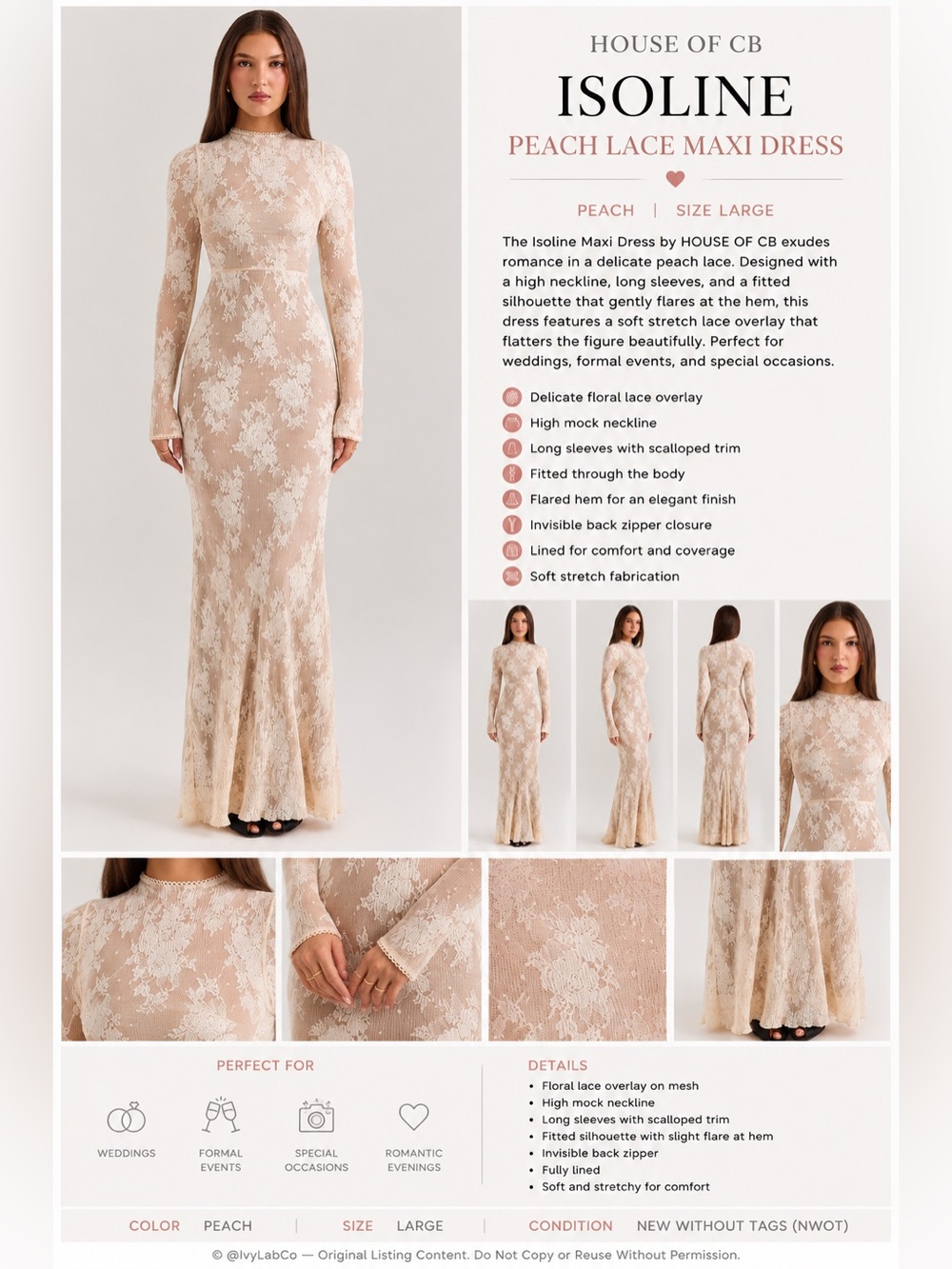 House ofโCB Women's Tender Peach Isoline Floral Lace Long Sleeve Gown Large NWOT